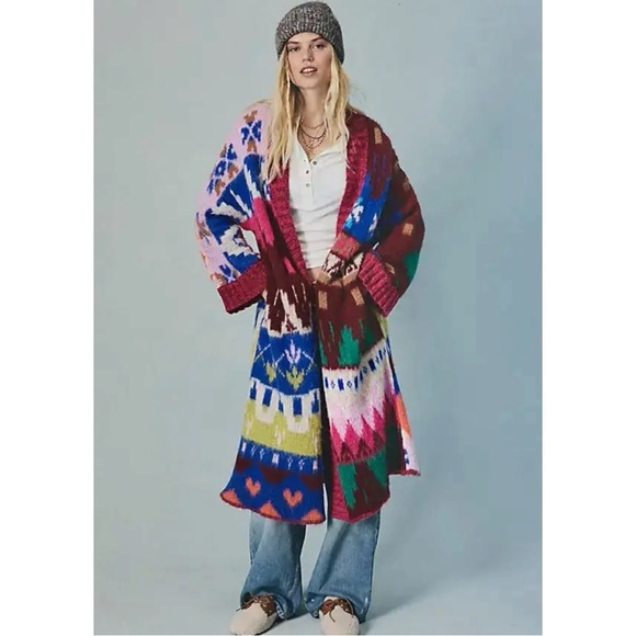 Free People Folk Song Maxi Cardi Small NWT Oversized Sweater Cardigan Fair Isle - Picture 7 of 13